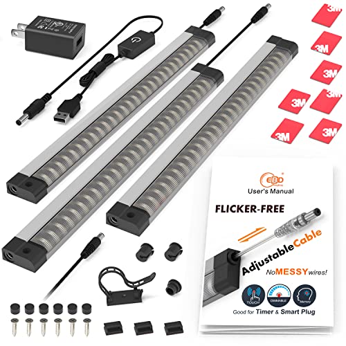 EBD Under Cabinet Lighting Built-in Adjustable Cable, No Messy! Dimmable Counter Lights Memory Function 3 Panel LED Kitchen Lighting Bar 9W 750Lm 3000K Warm White USB Under Cupboard Lighting