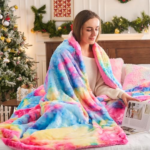 NEWCOSPLAY Super Soft Faux Fur Throw Blanket Premium Sherpa Backing Warm and Cozy Throw Decorative for Bedroom Sofa Floor (Dark Rainbow, Throw(50'x60'))