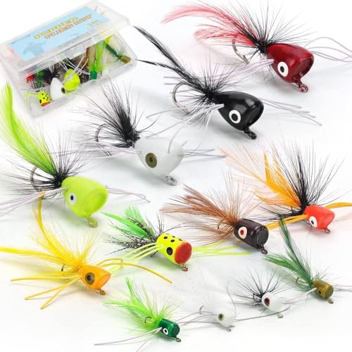 Ansnbo 12PCS Fly Fishing Popper Flies, Fly Popper Lures Bass Panfish Bluegill Crappie Popping Bug Sunfish Trout Salmon Poppers Flys Kit for Fly Fishing