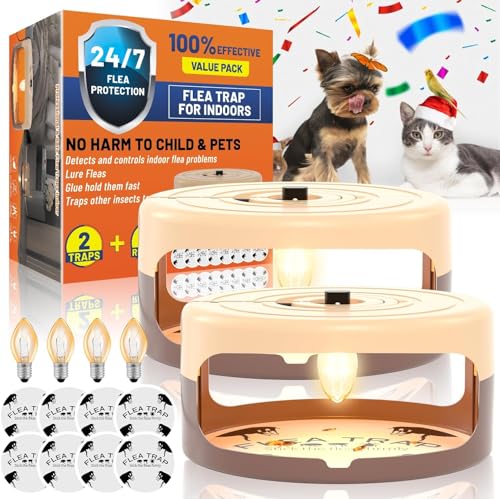 2 Pack Flea Traps for Inside Your Home with 8 Sticky Disc & 4 Bulbs & 2 Electric Wires, Flea Killer Indoor Bed Bug Trap Pest Control, Non Toxic & Harmless, Friendly to Pets & Kids