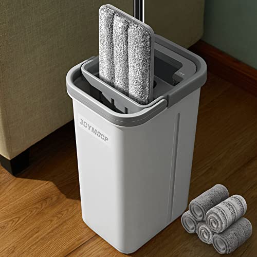 JOYMOOP Mop and Bucket with Wringer Set, Hands Free Flat Floor Mop and Bucket, with 5 Washable Microfiber Pads, Wet and Dry Use, Floor Cleaning System