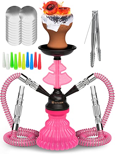 Pink Hookah Set 2 Hose Hookah – LilOne 12” Pink Mini Hookah Combo Kit Shisha Hookah Set with Prepunched Foil Hookas Bowl Disposable Tips Mouthpiece Tongs Portable Hookah Pipe - Hookah Machines
