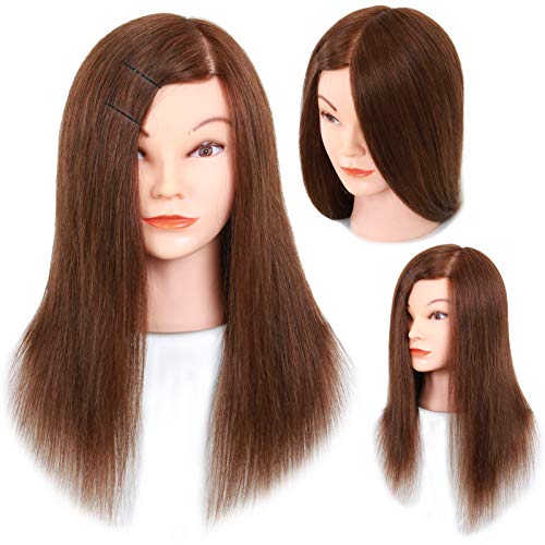 Mannequin Head with Human Hair - 20-22' Cosmetology Mannequin Head with 100% Real Human Hair for Braiding Practice Cutting - Manikin Head with Human Hair for Hairdresser (Brown)