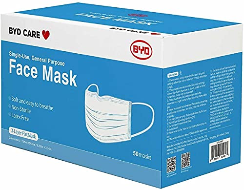 BYD CARE Single Use Disposable 3-Ply Mask, ASTM Level 2, Daily protection for men and women for Home, Office, School, Restaurants, Gyms, Outdoor and Indoor, Box of 50 PCs
