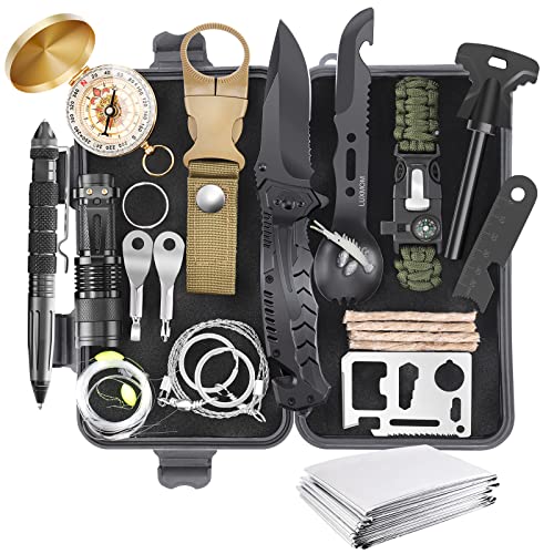 LUXMOM Survival Kit and First Aid Kit, 142Pcs Professional Survival Gear and Equipment with Molle Pouch, for Men Camping Outdoor Adventure/Gifts for Men Dad Christmas (Black)