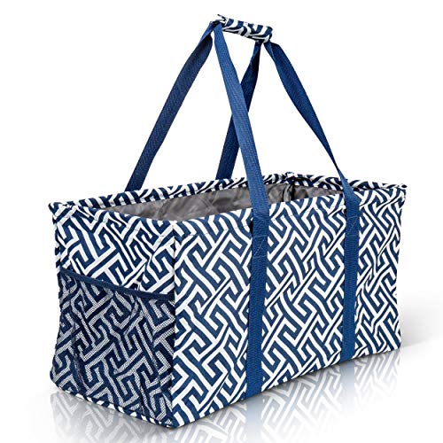 Lucazzi Extra Large Utility Tote Bag - Oversized Collapsible Reusable Wire Frame Rectangular Canvas Basket With Two Exterior Pockets For Beach, Pool, Laundry, Car Trunk, Storage - Geo Navy Blue