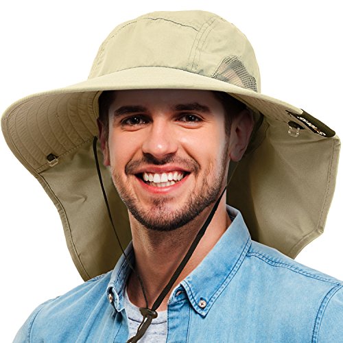 Mens Wide Brim Sun Hat with Neck Flap Fishing Safari Cap for Outdoor Hiking Camping Gardening Lawn Field Work, Tan