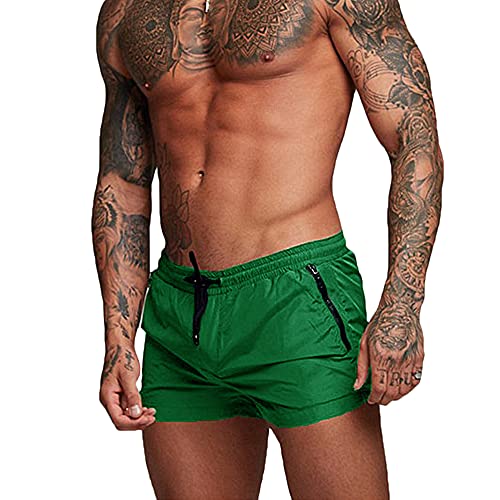 Rexcyril Men's Athletic Gym Workout Shorts 3 Inch Quick Dry Running Bodybuilding Short Shorts with Liner and Zipper Pockets, Green, X-Large
