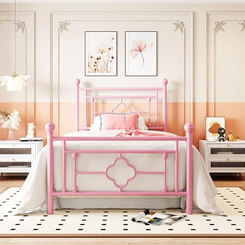 Allewie Twin Size Metal Platform Bed Frame with Victorian Vintage Headboard and Footboard/Mattress Foundation/Under Bed Storage/No Box Spring Needed/Noise-Free/Easy Assembly, Pink