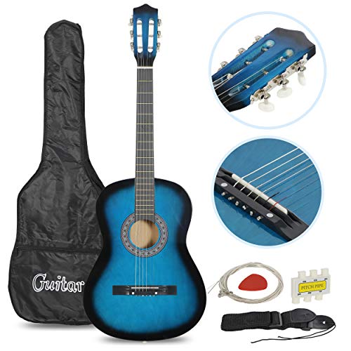 Smartxchoices 38' Kids Acoustic Guitar Bundle Kit for Starter Beginner Music Lovers, 6-String Folk Guitar with Gig Bag, Extra Set Steel Strings, Strap, Pitch Pipe and Pick (Blue)