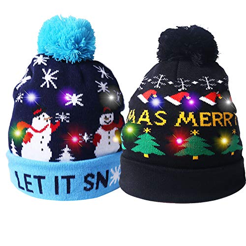 2 Pack LED Light Up Hat Beanie Knit Cap, Unisex Winter Snow Hat Sweater Ugly Holiday Hat Party Beanie Cap,with 6 Colorful Lights LED