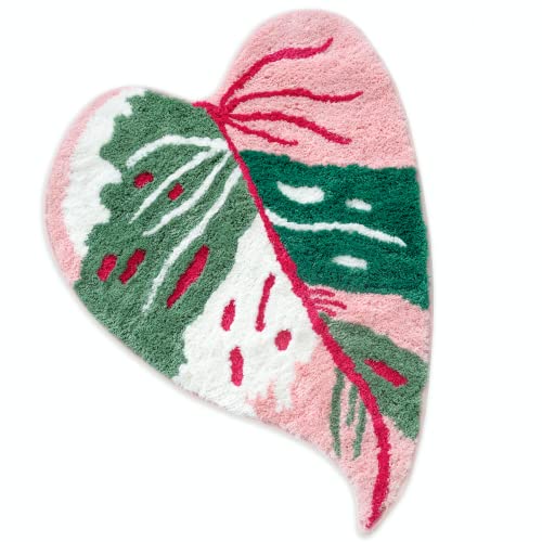 FrecklePot Pink Princess Non Slip Bath Mat or Kitchen Tufted Rug, Plant Leaf Shaped Kids Pets Floor Mat Carpet, Green, 32' x 24'