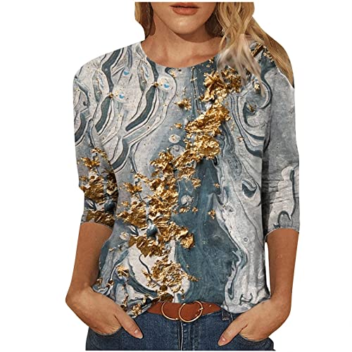 ZunFeo Womens Summer Top Crewneck Novelty Marble Print Tshirt Shirts Dressy Casual 3/4 Sleeve Tunic Blouse Basic Top Shirts