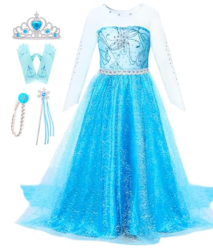 Esvaiy Girls Princess Elsa Dress Costume - Birthday Party Dress Up for Toddler Girl (5-6 Years, Blue)