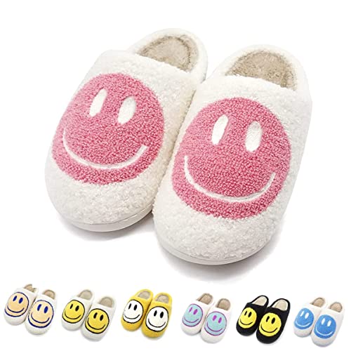 Smile Face Slippers Kids, Fuupnn Retro Soft Pink Smile Face Slippers Comfy Warm Fleece Lined Fuzzy Slip-on Cloud sliders with Memory Foam Home Slippers Couples Cute Cartoon Non Slip Bedroom Slipper for Winter