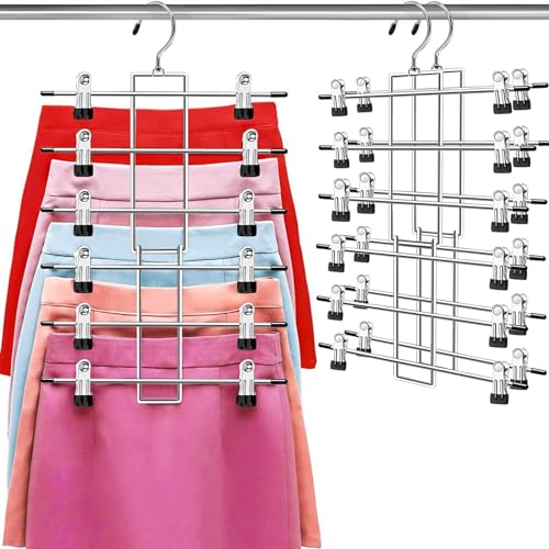 Hangers,Pants Hangers,Space Saving Hanging Closet Organizer - 6 Tiers Skirt Hangers with 360° Swivel Hook,Hangers Space Saving with Clips,closet organizers and storage -Clothes Hangers- 2 Pack