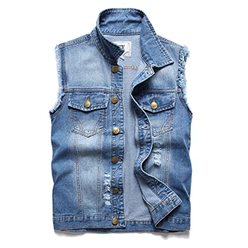 JUDIGODR Denim Vest Men Lapel Sleeveless Slim Fit Retro Ripped Casual Blue Jean Vest for Men's (Lightblue813, S)