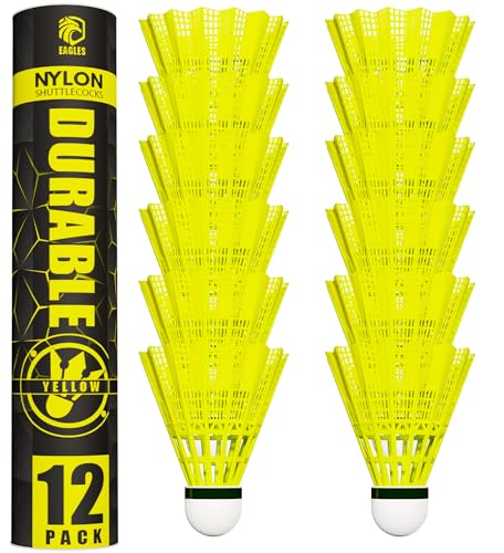 EAGLES Badminton Birdies Nylon Feather Bedminton Shuttlecocks - Plastic Birdie Ball Set for Indoor & Outdoor Baseball Practice ~ Stable & Durable Shuttle Cocks for Kids & Adults (12 Pack Yellow)
