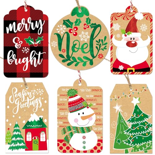 Christmas Gift Tags 60 Count with Untied String (15 Assorted Foil, Printed Designs for Xmas Holiday Present Wrapping)