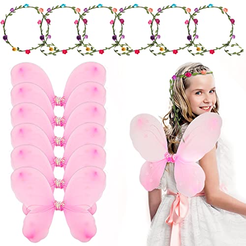 Zhanmai 12 Pack Fairy Wings Set for Girls Include 6 Pcs Butterfly Wing and 6 Pcs Fairy Flower Floral Crown Pink Angel Costume for Kids Birthday Halloween Princess Role Play Cosplay Party