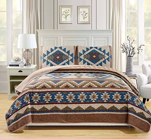 Rustic Western Southwestern Native American Tribal Navajo Design Oversized Bedspread Quilt Set in Beige Taupe Brown Blue Green Austin Taupe (Full/Queen)