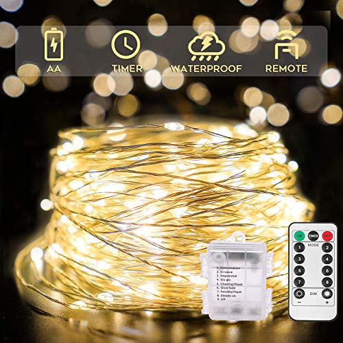 suddus 66ft 200 LED Outdoor String Lights, Warm White Fairy Lights Battery Operated with Remote, Led Twinkle Lights for Bedroom, Dorm, Patio, Tapestry, Backyard, Garden, Christmas, Party, Indoor