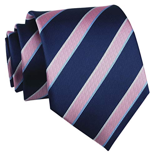 Men's Striped Navy Blue Pink Party Jacquard Woven Tie Eco-friendly Satin Necktie