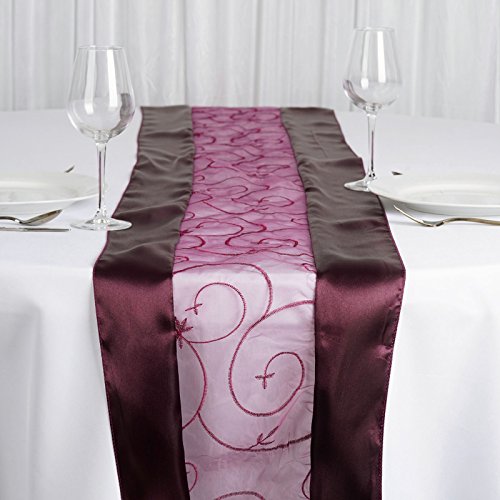 BalsaCircle 14 x 108-Inch Eggplant Purple Satin Edges and Embroidered Organza Table Top Runner - Wedding Party Linens Decorations