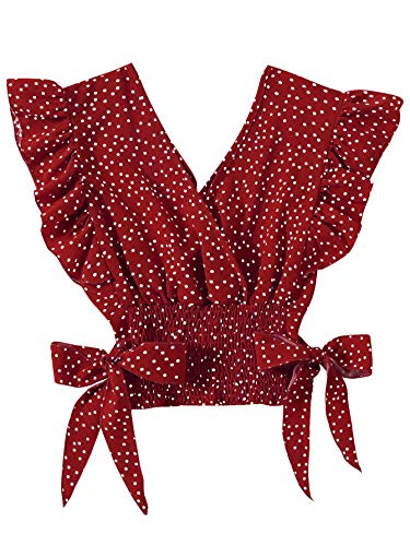 LYANER Women's V Neck Polka Dots Ruffle Cap Sleeve Shirred Hem Blouse Crop Tank Top Red Small