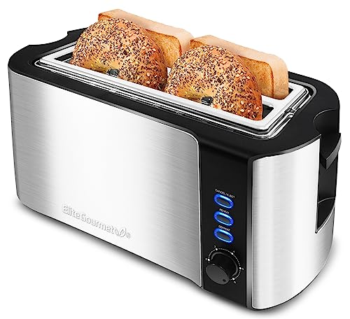 Elite Gourmet ECT-3100 Long Slot 4 Slice Toaster, Reheat, 6 Toast Settings, Defrost, Cancel Functions, Built-in Warming Rack, Extra Wide Slots for Bagels & Waffles, Stainless Steel & Black