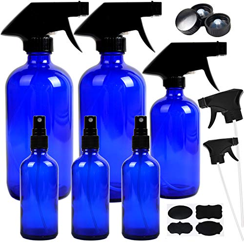 Youngever 6 Pack Empty Cobalt Blue Glass Spray Bottles Refillable Containers, 16 oz 8 oz 4 oz Spray Bottles for Essential Oils, Cleaning Products, Durable Black Trigger Sprayer Fine Mist and Stream