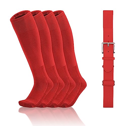 QBK Toddler Baseball Socks And Belt Youth Softball Tee Ball Combo Set for Boy Girl (2 Pairs of Socks & 1 Belt)(RED,5-7Y)