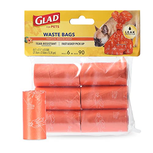 Glad for Pets Large Dog Waste Bags, Scented, Tear-Resistant, 6 Rolls | Heavy Duty Dog Poop Bags for Fast and Easy Dog Waste Cleanup | 6 Rolls Waste Bags, 90 Bags Total