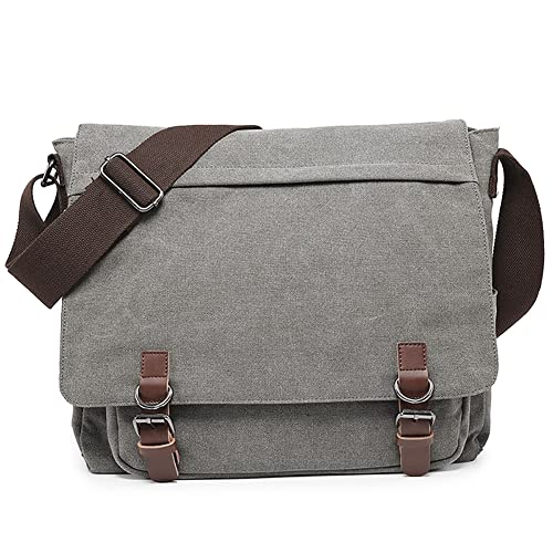 Large Vintage Canvas Messenger Shoulder Bag Travel Crossbody Purse Briefcase Business Bag for 15inch Laptop Grey