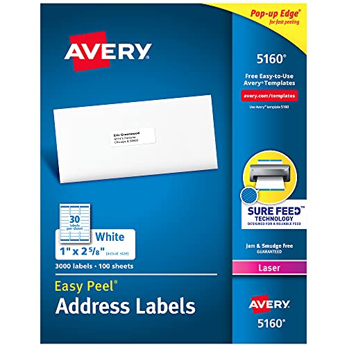 Avery Easy Peel Printable Address Labels with Sure Feed, 1' x 2-5/8', White, 3,000 Blank Mailing Labels (05160)