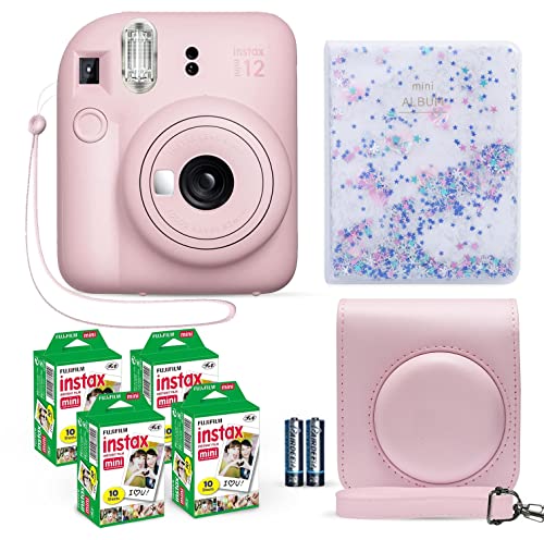 Fujifilm Instax Mini 12 Instant Camera Blossom Pink + Fuji Film Value Pack (40 Sheets) + Shutter Accessories Bundle, Incl. Compatible Carrying Case, Quicksand Beads Photo Album 64 Pockets