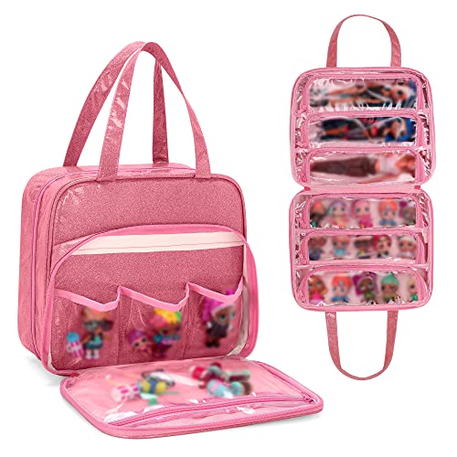 LoDrid Doll Tote Carrying Case Compatible with LOL Surprise Dolls All, Hanging Organizer Storage Bag with 6 Clear Window Pockets for Girls, Bag Only, Pink,(Patent Design)