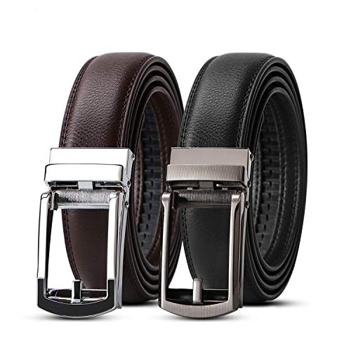 WERFORU 2 Pack Leather Ratchet Dress Belt for Men Perfect Fit Waist Size 44-50 inches with Automatic Buckle,Black+Black