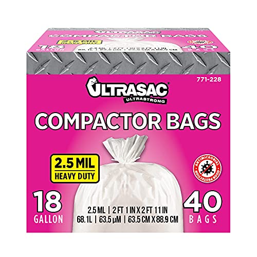 Ultrasac Trash Compactor Bags - (40 Pack with Ties) 18 Gallon for 15 inch Compactors - 25' x 35' Heavy Duty 2.5 MIL Garbage Disposal Bags Compatible with Kitchenaid Kenmore Whirlpool GE Gladiator