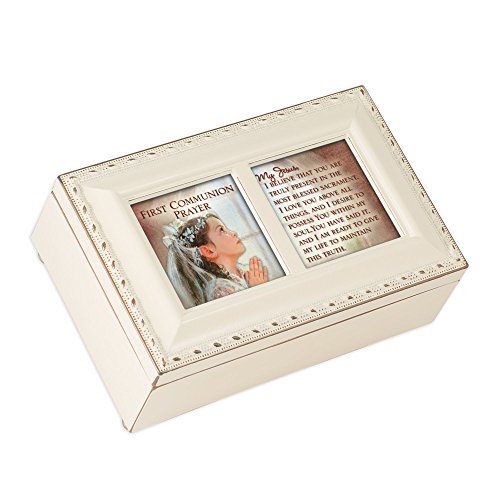 Cottage Garden First Communion Jesus Believe You Matte Ivory Jewelry Music Box Plays Ave Maria
