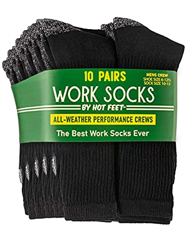 HOT FEET 10 pack Men’s Crew Work Outdoor Socks, Moisture Wicking Cotton Blend, Cushioned Foot, Reinforced Heel and Toe, Black