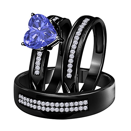 DS Jewels His and Hers Matching Wedding Band Ring Set 14K Black Rhodium Plated Alloy 6 MM Heat Cut CZ Tanzanite Engagement Trio Bridal Set