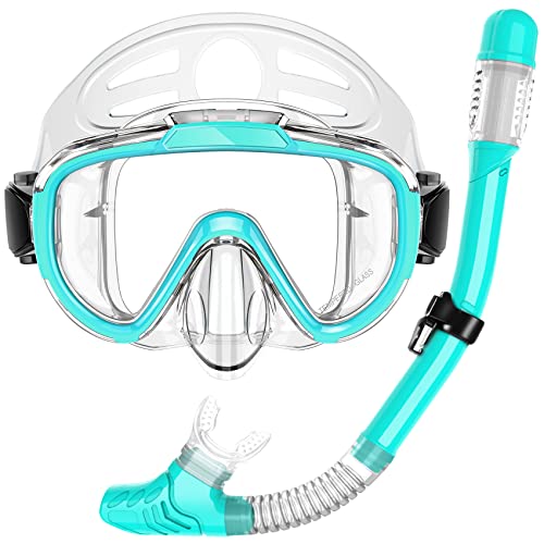 Snorkel Set, Zipoute Snorkel Dry Top Snorkeling Gear for Adults, Panoramic Anti-Leak and Anti-Fog Tempered Glass Lens, Adults Adjustable Snorkeling Set, Scuba Diving Swimming Training Snorkel Kit