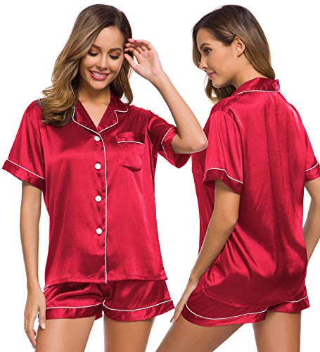 SWOMOG Womens Silk Satin Pajamas Short Sleeve Loungewear Two-Piece Sleepwear Button-Down Pj Set Red