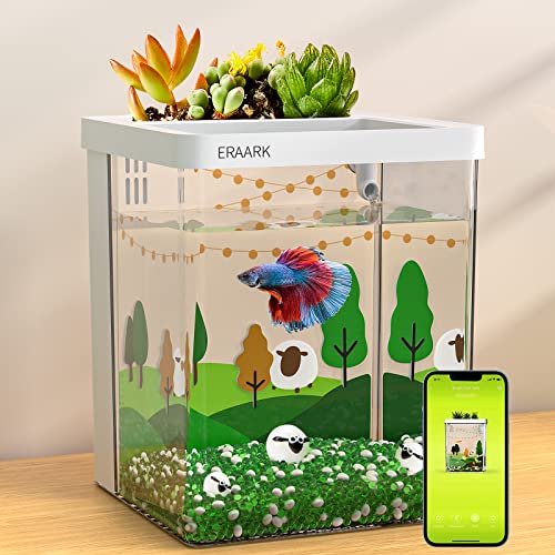 ERAARK Smart Aquarium kit 1.5 Gallon Betta Fish Tank self Cleaning, Supports Bluetooth, Fish Tank with Filter LED Light, Decorative Sand, Water Pump, Fish Tank Starter Kits, Fish Bowl (Forest)