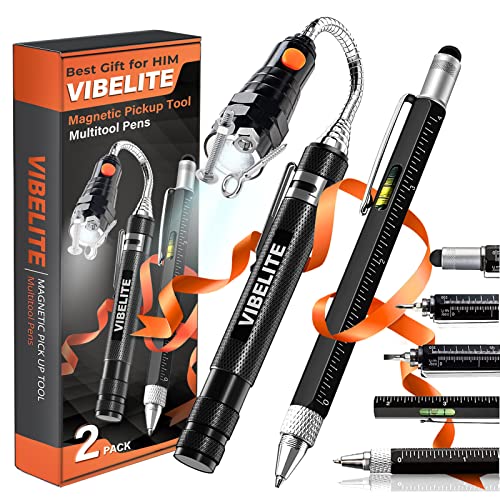 Magnetic Pickup Tool and 6 in 1 Multitool Pen with Touch Screen Stylus, Rulers, Bubble Level, Flathead, Phillips Screwdriver, Ballpoint Pen, Stocking Stuffers for Men Christmas Gifts for Men, 2 Pack