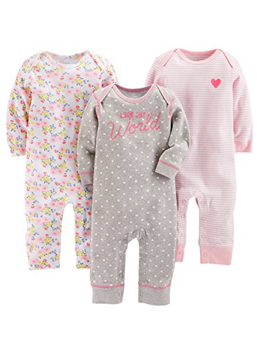 Simple Joys by Carter's Baby Girls' Jumpsuits, Pack of 3, Grey Hearts/Pink Floral/White Stripe, 6-9 Months