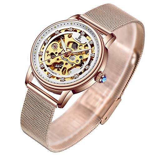 Gute Women's Watch Luxury Mechanical Stainless Steel Skeleton Steampunk Automatic Self Winding Mesh Band Wristwatch