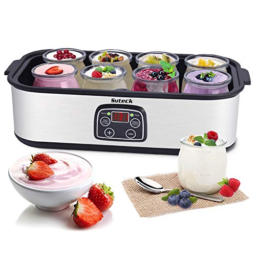 Automatic Yogurt Maker Machine Digital LCD Display with Constant Temperature Control 8 Glass Greek Jars and Lids 48 Ozs Stainless Steel Design for Home Kitchen Use.