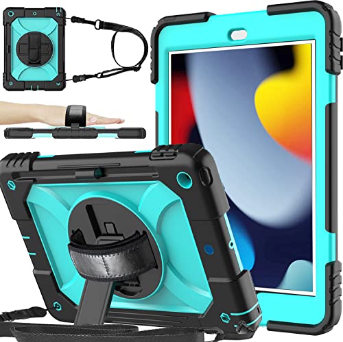 BMOUO iPad 9th/8th/7th Generation Case,Hybrid Shockproof [360 Rotating Stand][Hand Strap] [Pencil Holder] Kids Case for New iPad 10.2' 2021/2020/2019, Sky Blue